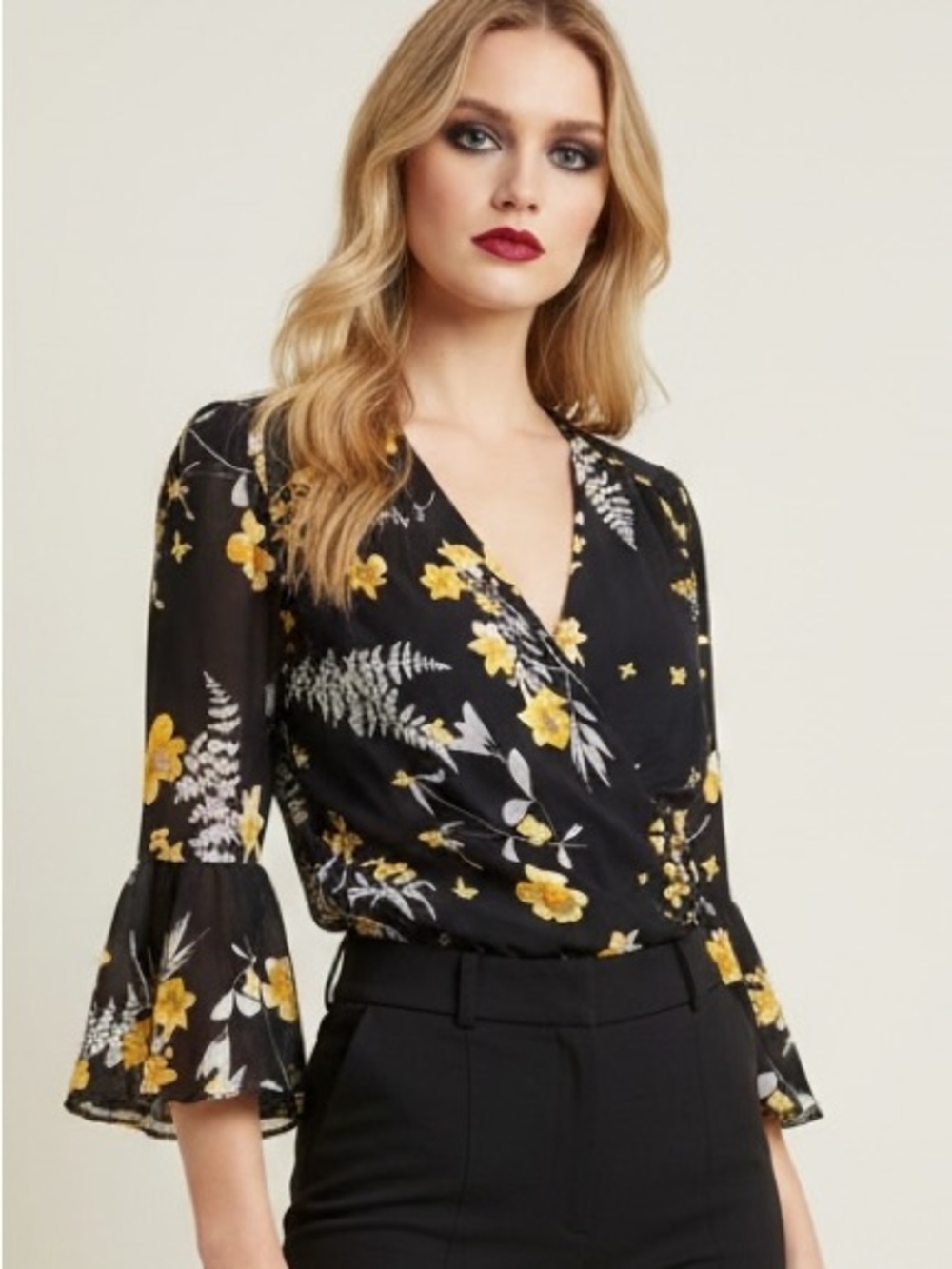 I.N.C Wrap Blouse - Bell Sleeve- Black w/ Yellow Floral  - Poet-core - Size L
